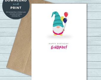 Printable Birthday Card | Gnome Gnomie Balloon Birthday Card | Birthday Card | Digital Download