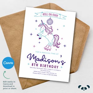 May include: A white invitation card with a roller-skating unicorn design, a disco ball, and the text "Roll on Over." The card is for Madison's 8th birthday, with event details. The card is inside a brown envelope.