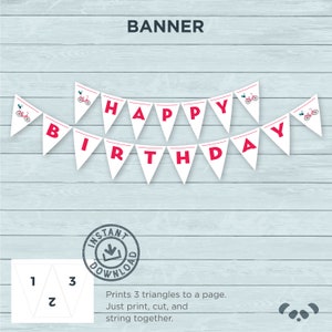 May include: White triangle banner with red text that reads "Happy Birthday". The banner has small red bicycles with blue wheels on each triangle. The banner is hanging on a light blue wood background. The text "Instant Download" is in a red circle with a white download arrow.