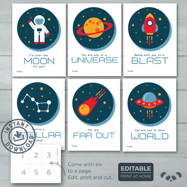 Kids Valentine cards | Outerspace Outer Space Valentines  |  Planet, Stars, Rocket, Spaceship, Astronaut, UFO |  Editable Instant Download