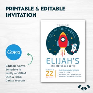 May include: A printable and editable invitation with a space theme. The design features a red rocket blasting off, an astronaut, and the text "Out of this World." The invitation is for Elijah's 6th birthday party.
