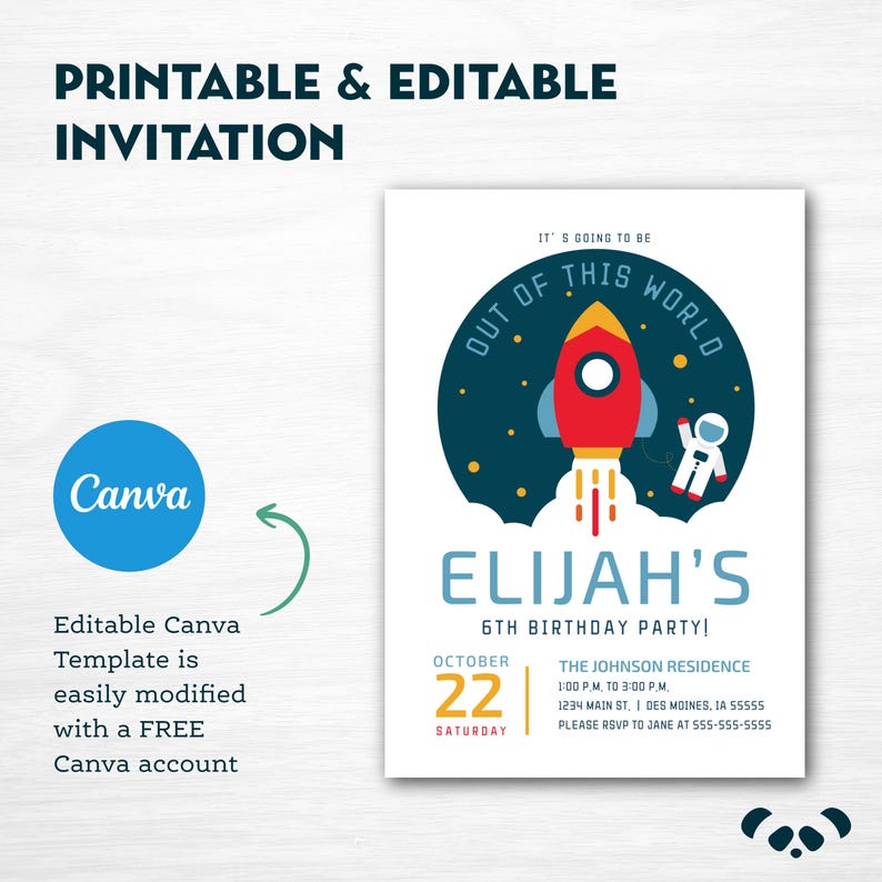 May include: A printable and editable invitation with a space theme. The design features a red rocket blasting off, an astronaut, and the text "Out of this World." The invitation is for Elijah's 6th birthday party.