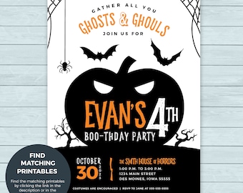Halloween Birthday Party Invitation  |  Pumpkin Spooky Halloween Invite  |  Bat Spider Pumpkin Birthday Invitation