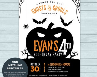 Halloween Birthday Party Invitation  |  Pumpkin Spooky Halloween Invite  |  Bat Spider Pumpkin Birthday Invitation