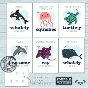Tarjetas de San Valentín para niños / Criaturas de animales marinos San Valentín / Ballena, Tiburón, Raya, Medusa, Tortuga, Aula / Descarga instantánea editable