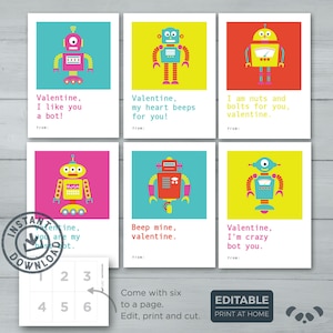 Kids Valentine cards | Robot Valentines  |  Robot Computer Kid Valentine Cards | Editable Instant Download