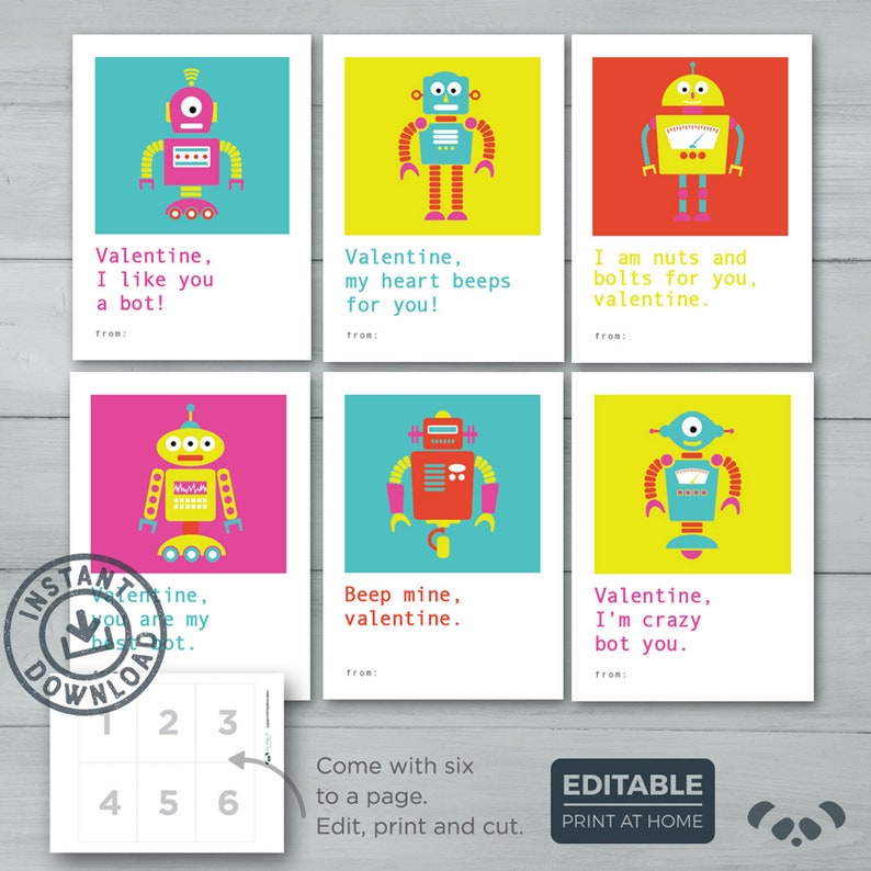 Kids Valentine cards Robot Valentines Robot Computer Kid Valentine Cards Editable Instant Download image 1