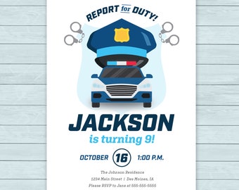 Police Officer Birthday Party Invitation  |  Police Cop Birthday Invite  |  Police Hat Invitation |  Cop Car Invitation