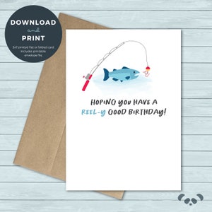 Carte d'anniversaire imprimable | carte d'anniversaire de pêche, canne à pêche, ver, poisson | carte d'anniversaire | Téléchargement numérique
