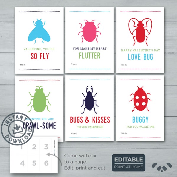 Tarjetas de San Valentín para niños / Tarjetas de San Valentín con bichos amorosos / Tarjetas de San Valentín para niños con bichos / Descarga instantánea editable
