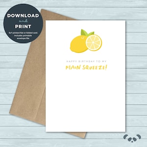 Afdrukbare verjaardagskaart | Citroen, Main Squeeze, Fruit Verjaardagskaart | Verjaardagsdagkaart | Digitale download