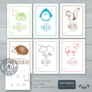 Puede incluir: Seis tarjetas de San Valentín imprimibles con ilustraciones de animales lindos y juegos de palabras. Las tarjetas están en un formato de cuadrícula con un fondo verde claro, azul, marrón, marrón, gris y rosa. El texto en las tarjetas dice: "valentine, i TURTLEY like you!", "my heart MELTS for you", "valentine, i'm NUTS about you!", "sending you lots of HEDGEHUGS", "I like you BEARY much", y "you're a LIAMA fun!"