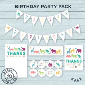 Printable Party Animals Birthday Party Pack Instant Download Thank You Card, Favor Tags, Banner, Water Labels, Cupcake Toppers image 1