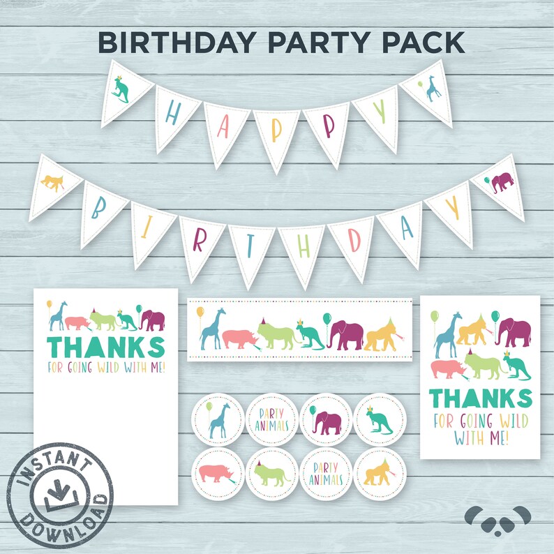 Printable Party Animals Birthday Party Pack Instant Download Thank You Card, Favor Tags, Banner, Water Labels, Cupcake Toppers image 1