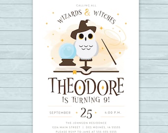 Wizard Witch Witchcraft Magic Birthday Party Invitation  |  Owl Magic Wand Crystal Ball Birthday Invite