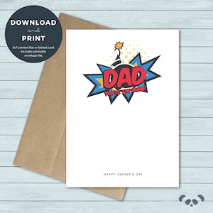 Druckbare Vatertagskarte | Comic-Buch, Superheld, Papa ist die Bombe | Vatertagskarte | Digitaler Download