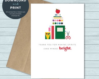 Printable Christmas Card | Teacher School Supplies Thank You Christmas Greeting Card | Digital Download