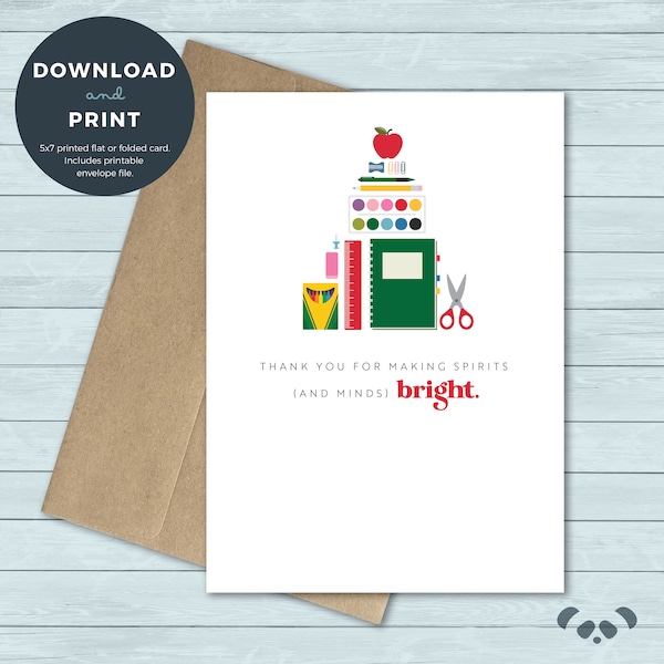 Printable Christmas Card | Teacher School Supplies Thank You Christmas Greeting Card | Digital Download