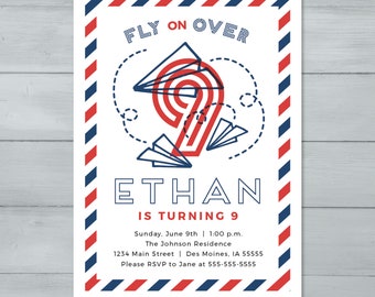 Paper Airplane Birthday Invitation  |  Airplane Invitation  |  Paper Airplanes Aviation Invite  |  Fly on Over Invite