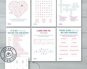 Kids Valentine cards | Puzzle Valentines  |  Maze, Crossword, Word Scramble, Cryptogram, Word Search | Editable Instant Download