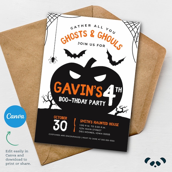 Halloween Birthday Party Invitation  |  Pumpkin Spooky Halloween Invite  |  Bat Spider Pumpkin Birthday Invitation | Editable Canva Template