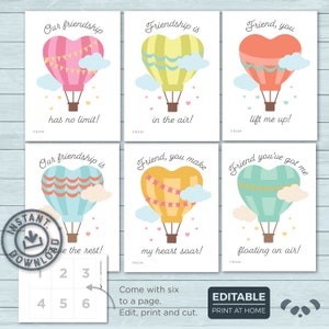 Valentijnskaarten voor kinderen | Heteluchtballon Valentijnsdag | Ballon, Wolken, Lucht, Zweven, Zweven, Harten Klaslokaal | Bewerkbare directe download