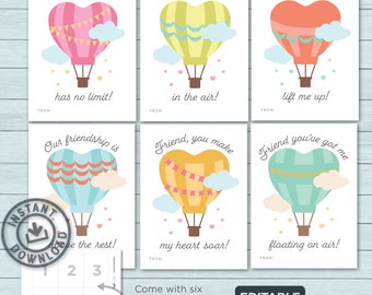 Kids Valentine cards | Hot Air Balloon Valentines | Balloon, Clouds, Sky, Float, Soar, Hearts Classroom | Editable Instant Download