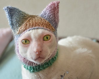 Chapeau pour chat avec oreilles couvrantes Chapeau de chat multicolore fait main pour chats nus Vêtements d'hiver pour chats sphynx ou crnishrex Chapeau pour petit animal de compagnie