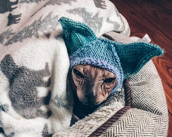 Handmade Knitted Cat Beanie with Ear Covering feature - Sphynx/Cornish Rex