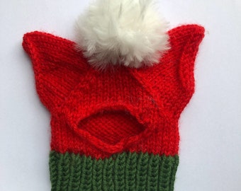 Christmas Hat for cat Ears covering cat hat Red and Green handmade hat for naked cats Winter wear for sphynx cornishrex Holiday Cat Costume