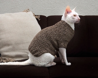 Cat clothes Handmade brown sweater for sphynx cat with squares patern Brown knitted cat jumper Brown pullover for Cornish Rex Pet clothing