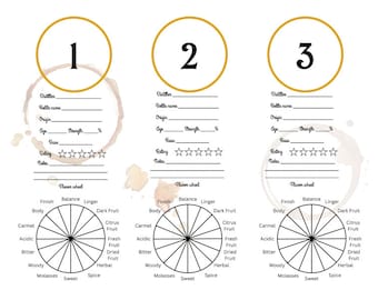 May include: Three printable coffee tasting sheets with a flavour wheel, rating stars, and space to write notes about the coffee. The sheets are labelled 1, 2, and 3.