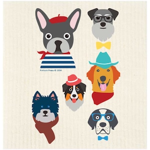 May include: Illustration of six dogs wearing different hats and accessories. The dogs are a French Bulldog, a Schnauzer, a Golden Retriever, a Bernese Mountain Dog, a Sheepdog, and a Great Dane. The dogs are all wearing different hats and accessories, including a beret, a bow tie, a cowboy hat, a beanie, a scarf, and glasses.