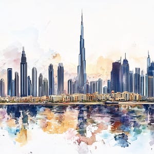 Stunning Dubai Skyline - Watercolor Art Print - Burj Khalifa Cityscape - UAE Decor
