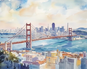 水彩画のサンフランシスコ市のイラスト、サンフランシスコのアート