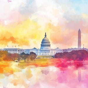 以下が含まれることがあります： ワシントンD.C.の米国議会議事堂とワシントン記念塔を描いた水彩画。空はピンク、イエロー、ブルーが鮮やかに混ざり合い、手前の水はカラフルな空を映し出している。