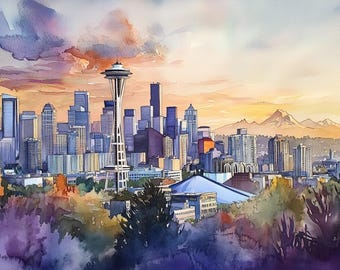 May include: Watercolour painting of the Seattle skyline at sunset. The Space Needle is prominent, with skyscrapers and mountains in the background. The sky is a mix of orange, purple, and yellow hues, and the foreground features trees.
