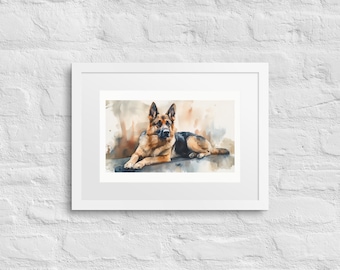 May include: Watercolor painting of a German Shepherd dog in a white frame. The dog is lying down, with a tan and black coat. The background has soft watercolor washes of tan and gray.
