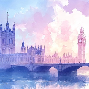 Dreamy London Skyline - Watercolor Art Print - Big Ben Westminster Cityscape - British Decor