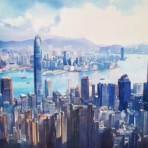 Panoramic Hong Kong Skyline - Watercolor Art Print - Victoria Harbour Cityscape - Asian Decor