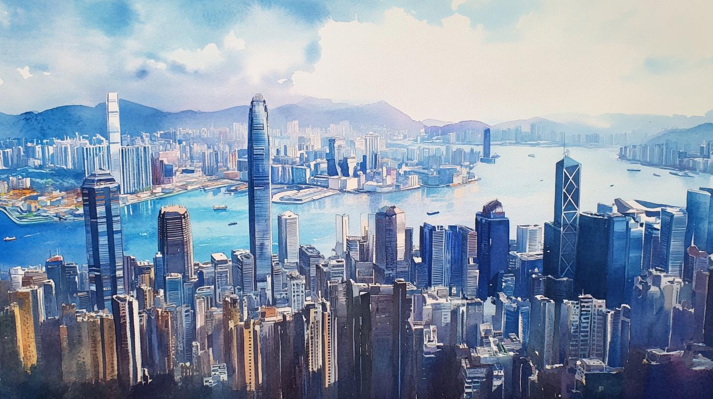 Panoramic Hong Kong Skyline - Watercolor Art Print - Victoria Harbour ...