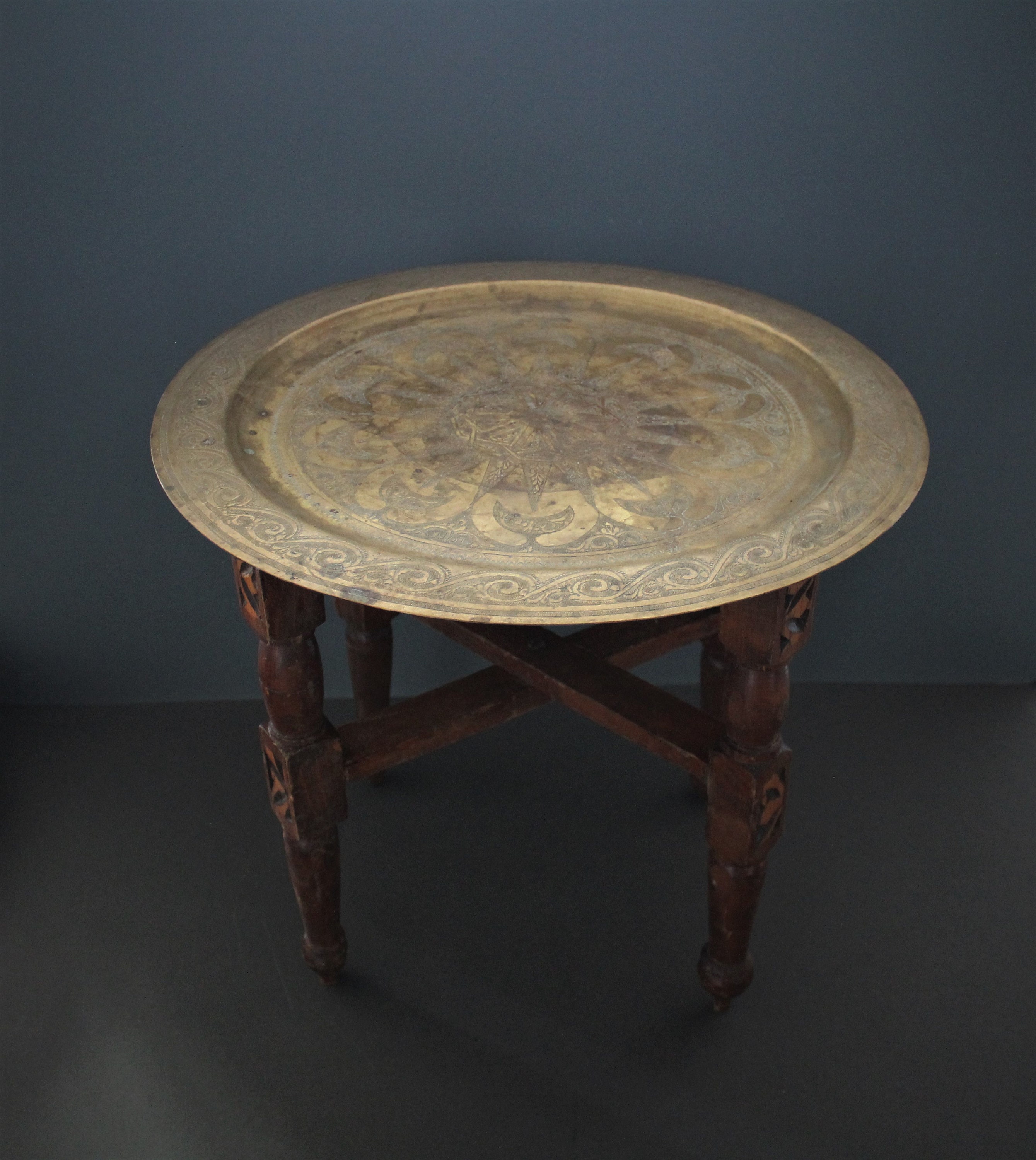 Vintage Moroccan Tea Table. Carved Folding Base With Bronze Charger. Aged Patina.