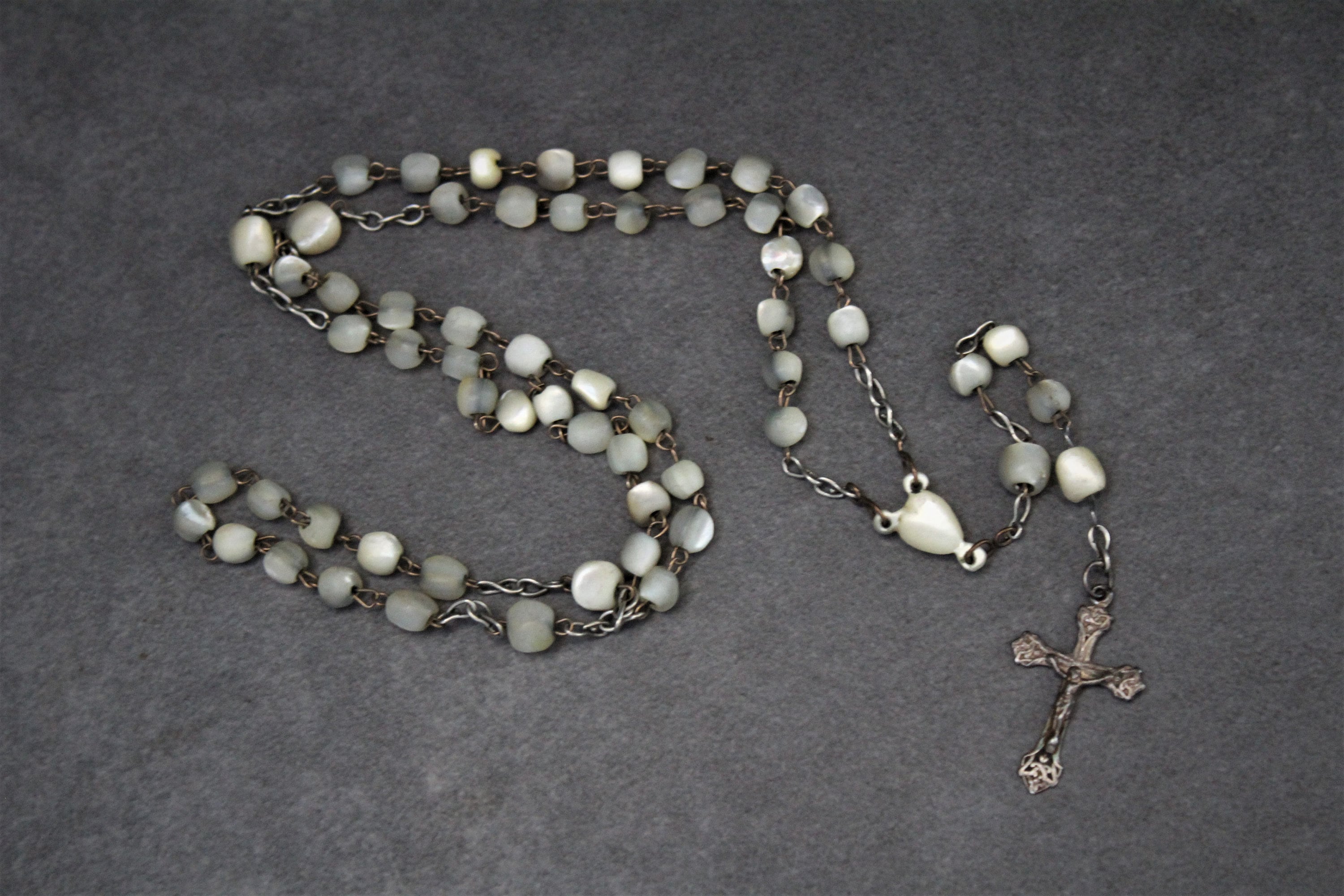 Antique French Rosary - 5 Decade Mother Of Pearl Beads & Cross With A Hallmarked Silver Cross.
