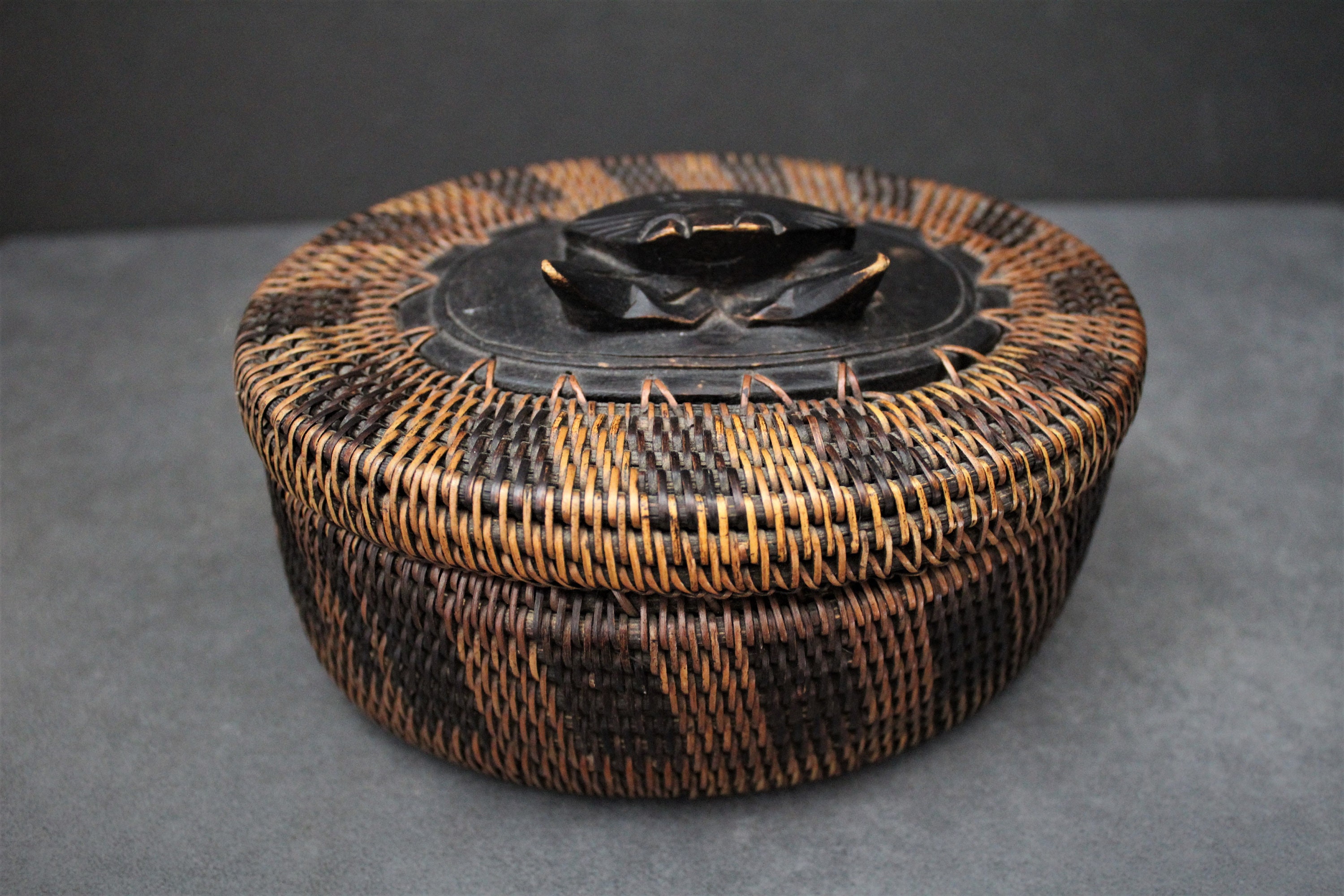 Indonesian Raffia Woven Box, Wooden Carved Crab Detail.
