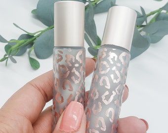 2 Leopard Rose Gold oil roller bottles, 2 pc animal print glass roll on set for essential oils or perfume