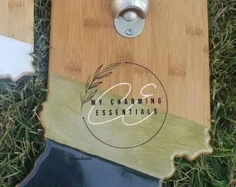 Gift for Men – Indiana Shaped Bottle Opener Board, Customized colors, Basketball Man Cave Decor, Sports Fan Gift, Game Room Bar Accessory
