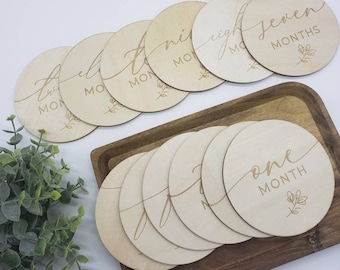Baby Milestone Discs: Wooden Photo Prop Cards, Newborn Gift, Monthly Milestons