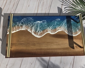 16x8 Wooden ocean trays with handles, Decorative wood tray, nautical decor