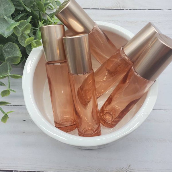 3 or 5 Pink glass oil roller bottles, rose gold roller bottles, oil storage, roll on set for essential oils or perfume