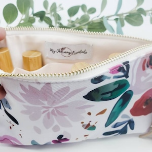 Floral essential oil holder bag,  watercolor oil case with tassel, oil travel pouch